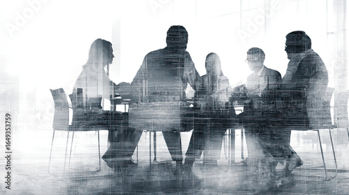 A group of business professionals gathered in a boardroom with glass walls, depicted in the style of double exposure photography against a white background
