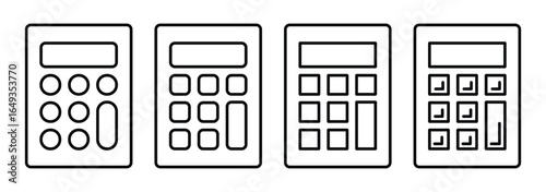 Calculator icon set. Perfect for corporate, business, mathematics, education, finance, tax, budgeting, and academic projects. Calculator line icons for web, app, ui, ux. Vector illustrator