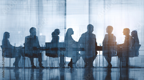 A group of business professionals gathered in a boardroom with glass walls, depicted in the style of double exposure photography against a white background