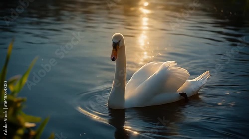 A slow-motion video of a white swan on a calm lake at sunset.