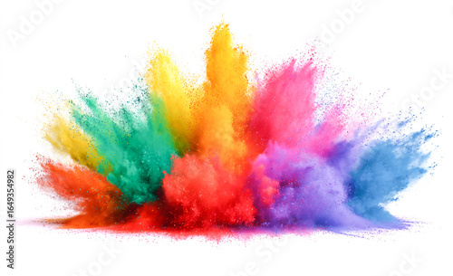 Colorful powder explosion isolated on a white background, a colorful dust splash in the air, a rainbow color palette.
