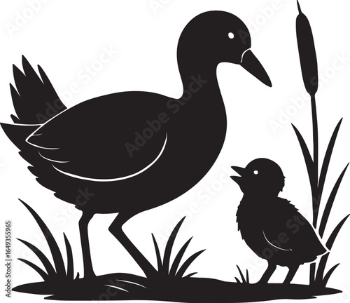 A peaceful black silhouette of a mother peahen sitting on a nest, covering her chicks with her wings. Minimalist vector design suitable for nature, wildlife, and family-themed stock illustrations.