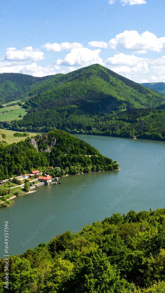 Fototapeta premium Panoramic view of a lake nestled amongst lush hills
