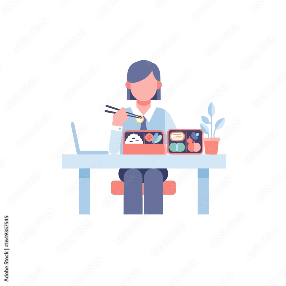 Obraz premium Flat design illustration of a person eating a bento box lunch with chopsticks at a desk laptop and plant present.