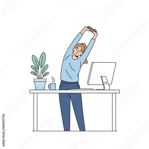 A relaxed woman in a blue shirt stretching her arms over her head at an office desk.
