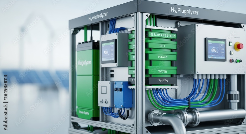 Fototapeta premium Technological overview of green hydrogen electrolyser skid showcasing modular design easy scalability and longterm sustainability in ecofriendly fuel production.