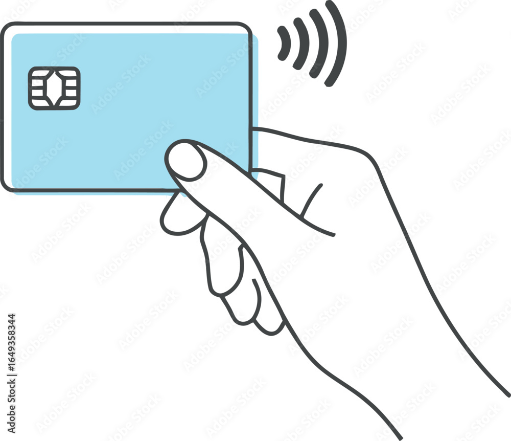 Obraz premium Contactless Payment with Light Blue Card Holding in Hand on Transparent Background