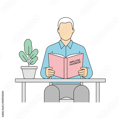 Man in Blue Shirt Reading Pink Employee Handbook at Desk.