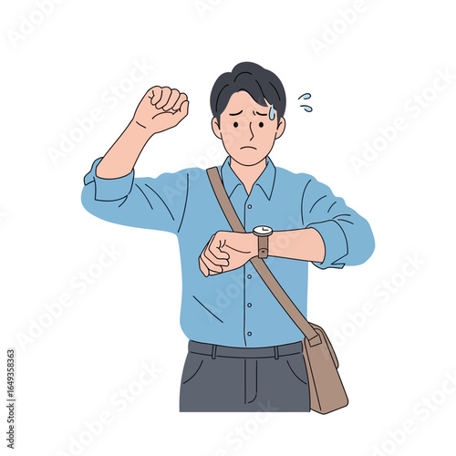 Anxious Man Checking Watch Late Sweating Wearing Blue Shirt and Messenger Bag.