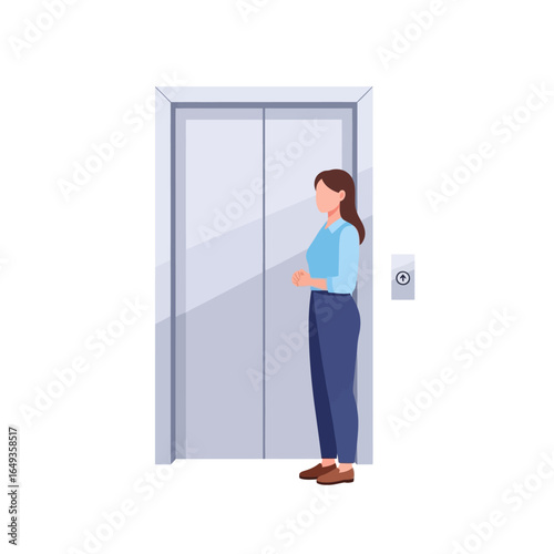 A faceless woman in a blue shirt and pants patiently waiting in profile by a closed silver elevator.