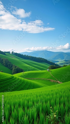 Breathtaking panorama featuring lush green fields with mountains and vibrant skies representing agriculture nature and sustainability