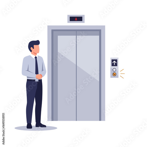 Businessman in a light blue shirt and dark tie waiting patiently for the elevator.