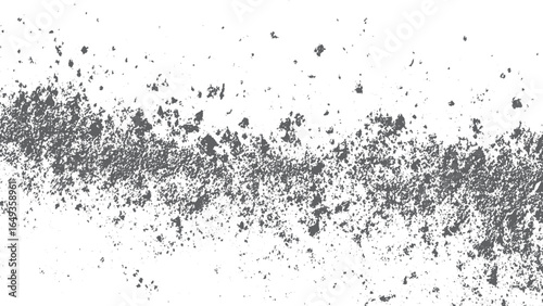 Dark grainy distressed texture on white background with dust particles. Black distressed texture on white surface with grain noise details 