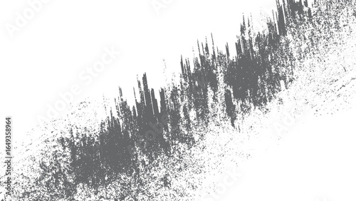 Dark grainy distressed texture on white background with dust particles. Black distressed texture on white surface with grain noise details 
