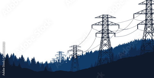 High voltage power lines in forested mountain landscape, electricity transmission towers, energy infrastructure, scenic nature view, renewable energy, environmental impact concept, vector illustration