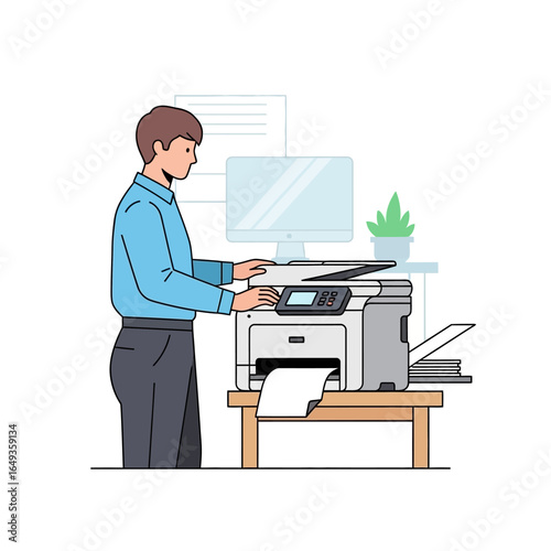 A male office worker in a blue shirt standing and operating a multifunction printer.
