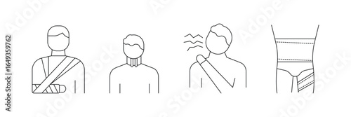 Arm sling, cervical collar, shoulder pain, hip support icon vector illustration set for orthopedic injury and recovery concept.
