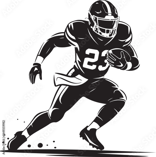Dynamic football player sprints with ball, number 23