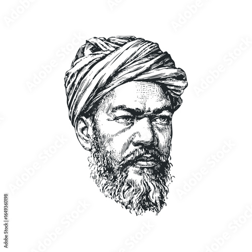 Vintage ink sketch portrait of a man with a turban and beard