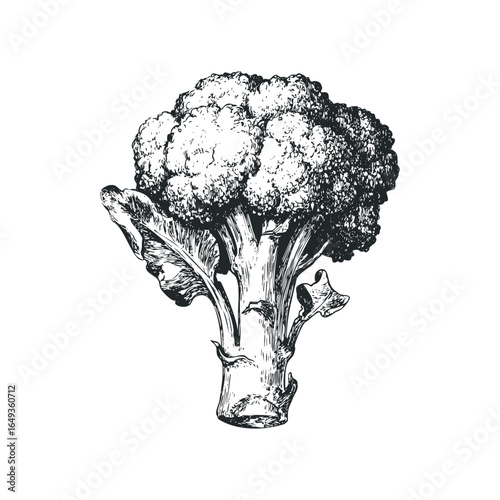 Detailed Hand Drawn Broccoli Head with Stems and Leaves
