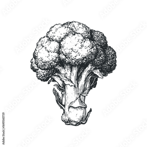 Hand Drawn Sketch of a Fresh Broccoli Florets Head on White Background