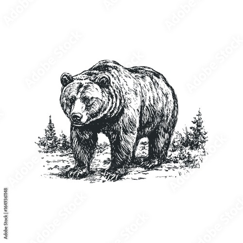 Grizzly bear standing in a forest clearing with pine trees