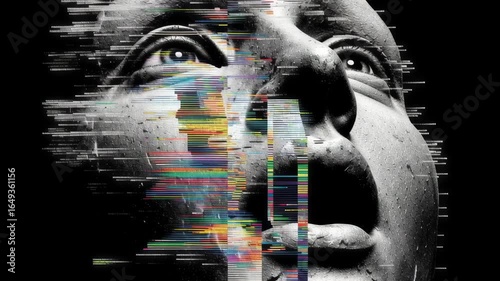 Distorted face with glitch effect. Digital art of human features disrupted by colorful static. Cyberpunk aesthetic for sci-fi concept, technology malfunction visual