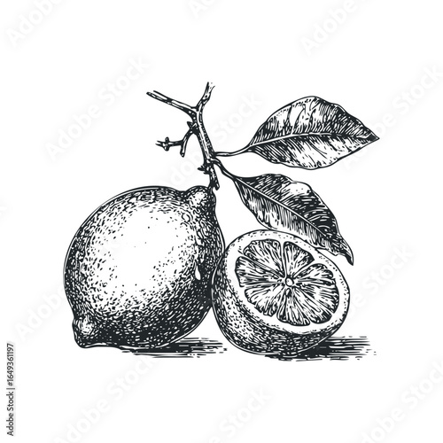 Hand-drawn sketch of a whole lemon and a halved lemon on a branch with leaves
