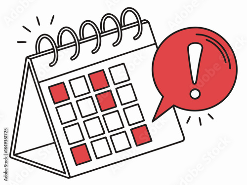 calendar with a red circle and red exclamation point on it. The calendar is showing the date