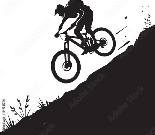 Dynamic cyclist descends steep mountain trail action silhouette