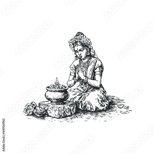 Indian woman performing ritual with oil lamp and flowers