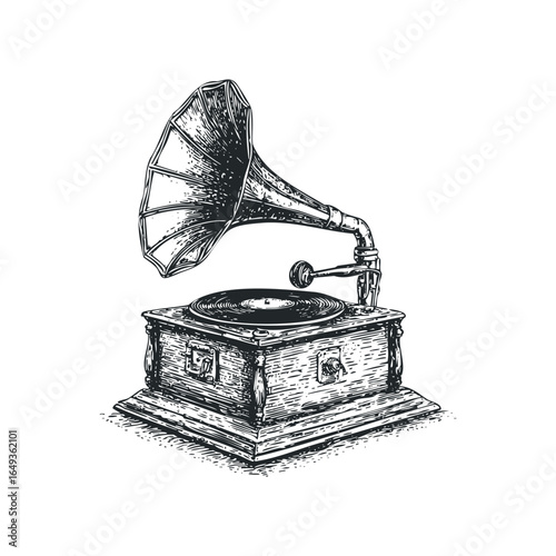 Vintage Gramophone with Phonograph Record and Stylus