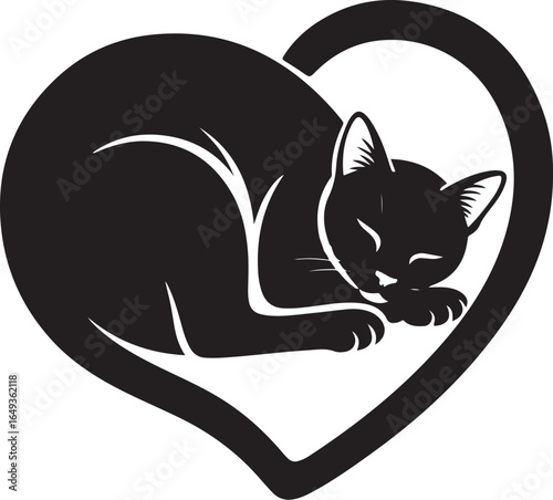 Adorable sleeping cat inside a heart shape emblem