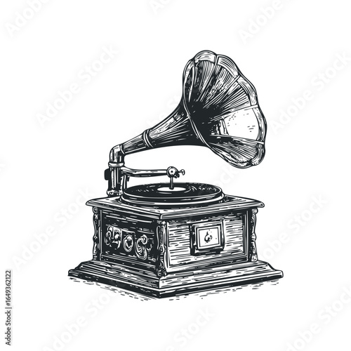 Antique Gramophone with Horn and Record on White Background