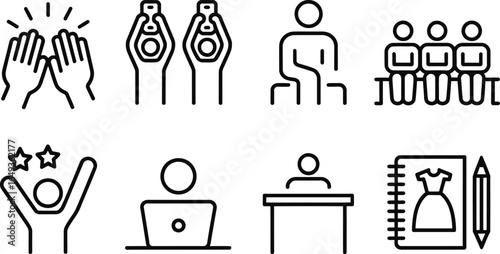 Eight Black Line Art Icons Hands Applause Device User Desk and Design on White