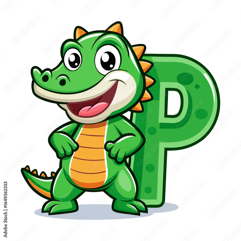 Obraz premium Playful Alligator Character Holding Big Alphabet P, Cute Kids Illustration, Fun Learning Letter, Colorful Cartoon Animal, Educational Design