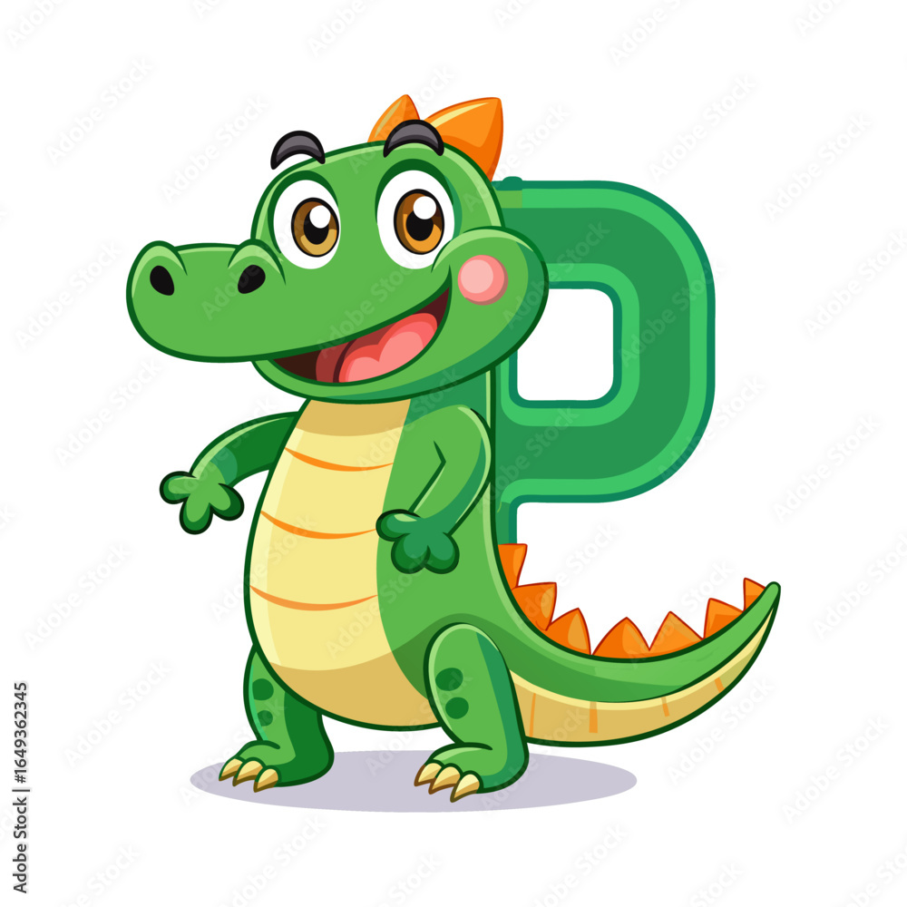 Naklejka premium Playful Alligator Character Holding Big Alphabet P, Cute Kids Illustration, Fun Learning Letter, Colorful Cartoon Animal, Educational Design