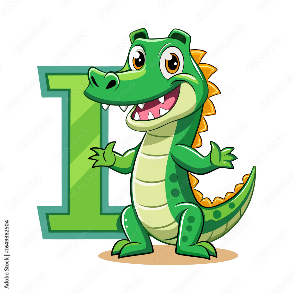 Naklejka premium Playful Alligator Character with Big Alphabet I, Fun Kids Illustration, Learning Letters, Colorful Cartoon Reptile, Educational Children Book Art