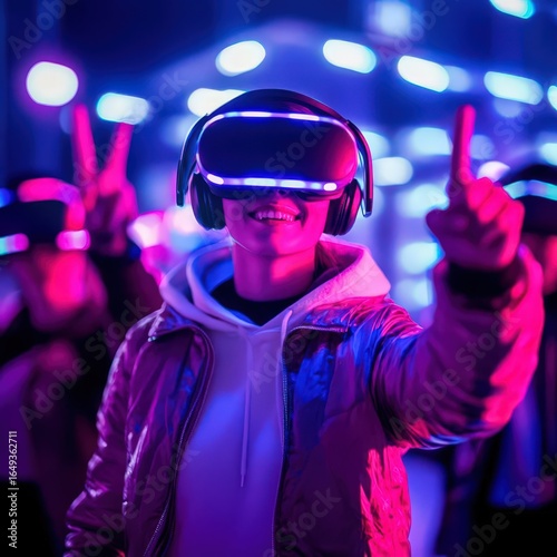 group of gamers making victory sign with VR controllers, neon ambient light, , tech stock