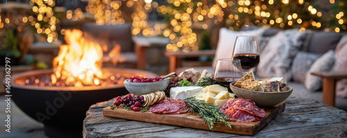 Gourmet charcuterie board with assorted meats, cheeses, fruits, and wine by a cozy outdoor fire in festive ambiance