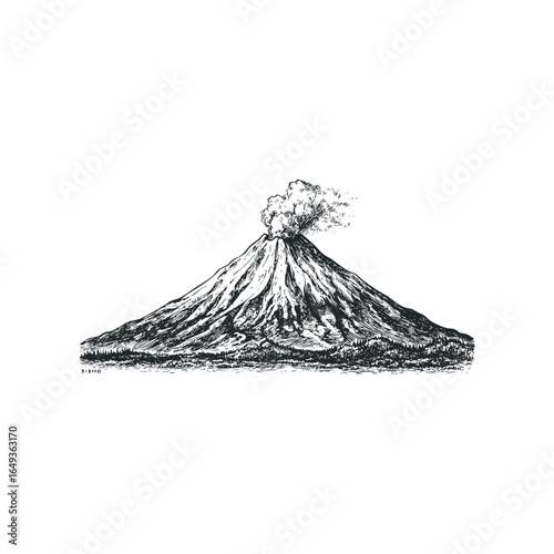 Smoking Volcano Erupting Ash Cloud Above Forested Landscape in Stylized Drawing