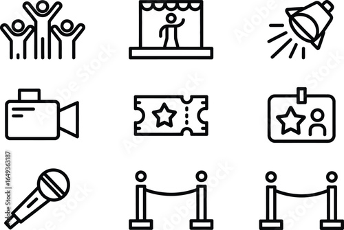 Entertainment Icon Set, Crowd, Stage, Light, Camera, Ticket, VIP Pass in Outline
