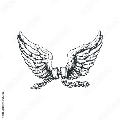Winged freedom symbol with broken chain connection