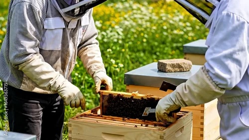 Two beekeepers in protective suits inspecting a beehive frame full of honey in a blooming field, representing honey production, agriculture, sweet food, and sustainable farming.