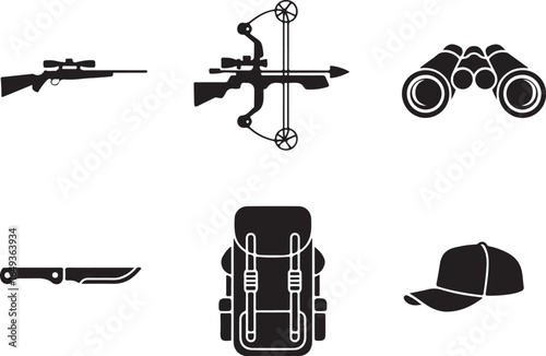 Hunting gear icons rifle crossbow binoculars knife backpack cap