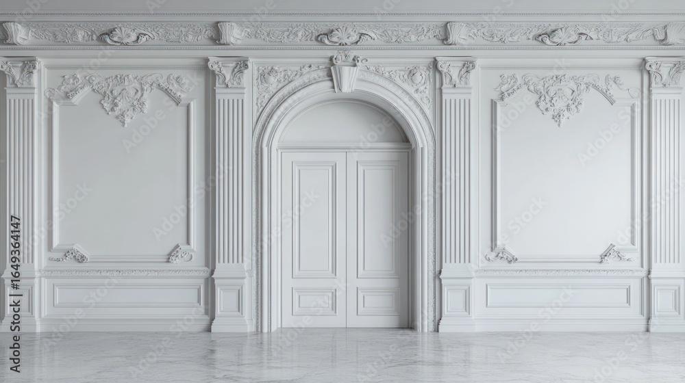 Fototapeta premium Elegant white classical interior with intricate architectural details.