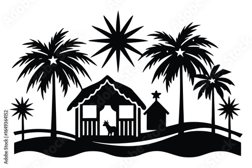 Silhouette Nativity Scene: Tropical Christmas, Starry Night, Simple Black and White Design, Festive Holiday Card Illustration