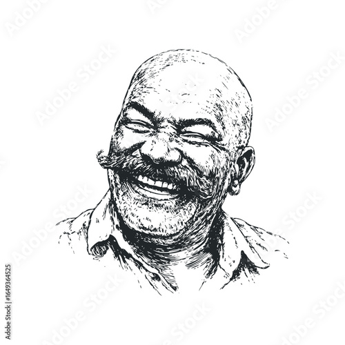 Man with large mustache laughing heartily with eyes closed