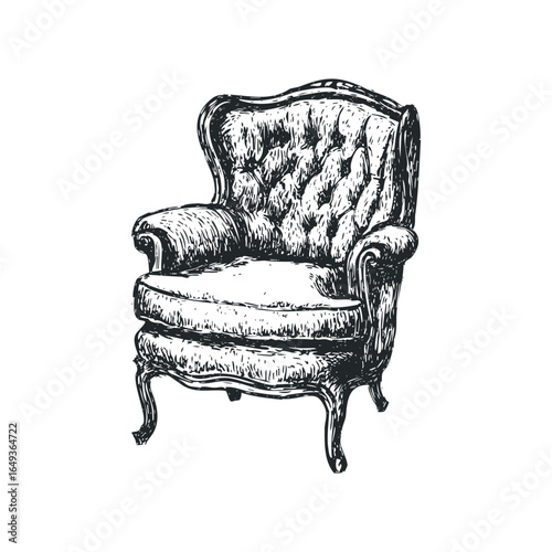 Detailed Line Drawing of a Tufted Armchair with Carved Legs