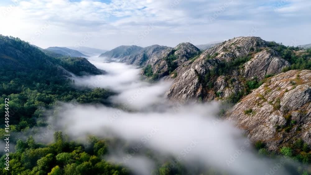 Serene Mountain Landscape with Clouds and Lush Green Forest Serene Mountain Landscape with Clouds and Lush Green Forest